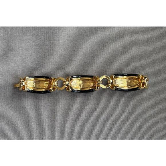 J Crew Gold Tone Black Enamel Link Bracelet Chunky Statement - Picture 5 of 6